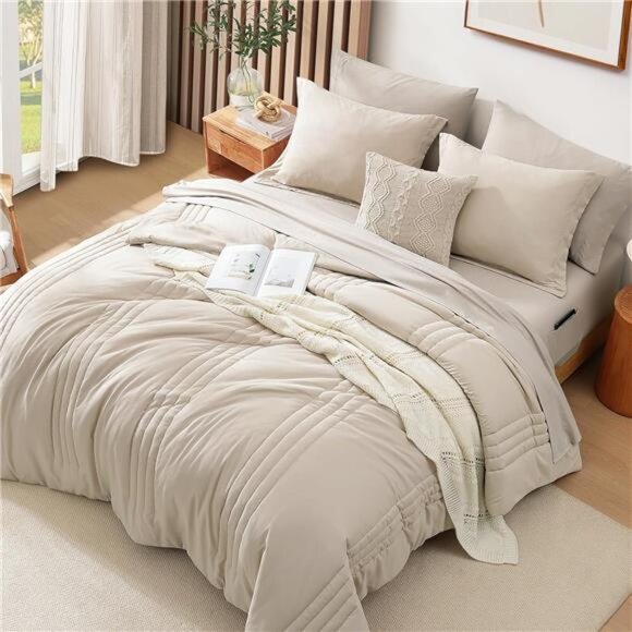 Queen Comforter Set - 7 Pieces Beige Bed in a Bag Queen Bedding Sets - Picture 6 of 7